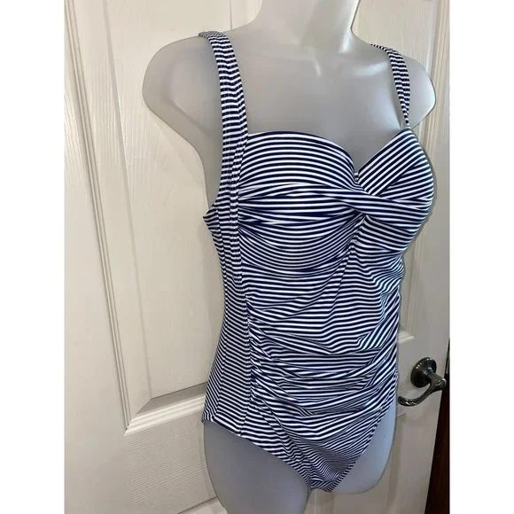 One Piece Niptuck Striped Swimsuit: Navy & White Nautical Beach Coastal Size 10 - Picture 9 of 12